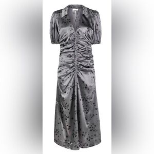 Ganni Silk Satin Stretch Midi Dress US S - EU 36 – V‑Neck, Balloon Sleeve, NWT